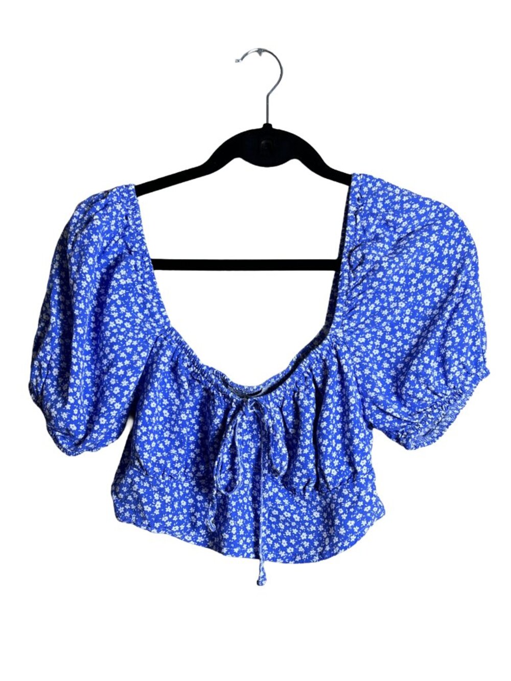 DeFacto Floral Crop Top Blue‎ Boho Puff Sleeve L